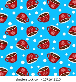 Vector pattern with Christmas mugs and snow. Can be used for wallpaper, pattern fills, web page background, surface textures, gifts. Creative cup texture for winter holidays.