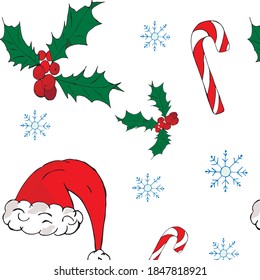 Vector pattern of Christmas and new year, snowflakes, Holly, Santa hat and Lollipop. 