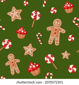 Vector pattern with Christmas and New Year elements in cartoon style. Ornament for design paper, fabric, cover and others. 