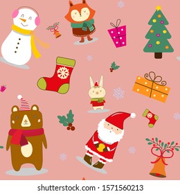 Vector pattern of christmas objects like Santa, fox, gift, stocking and more