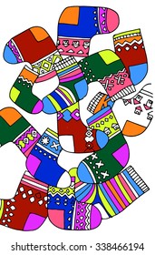 Vector pattern of christmas socks. Multicolor inc, hand drawing.