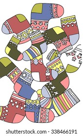 Vector pattern of christmas socks. Pastel shades, hand drawing.