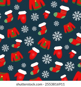 Vector pattern with Christmas sweater, mitten, gift sock and white snowflakes