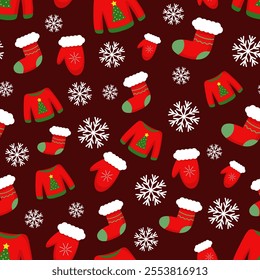 Vector pattern with Christmas sweater, mitten, gift sock and white snowflakes