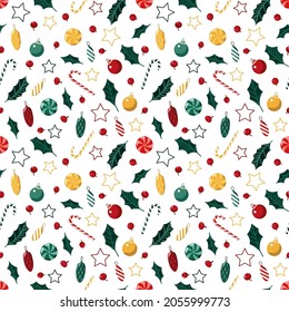 Vector pattern with Christmas toys, candies, stars, holly leaves and berries. Christmas texture for fabric, packaging, backgrounds, wallpapers, stationery.