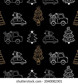 Vector pattern with Christmas tree and cars. Festive seamless pattern with Christmas elements