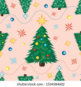 vector pattern Christmas tree elegant with toys and stars seamless Wallpaper
