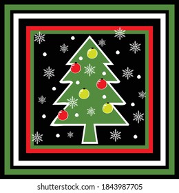 Vector pattern with Christmas tree on black background. Winter decoration wallpaper design in square. Holiday season fashion textile.