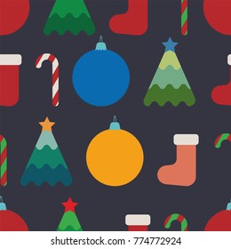 Vector pattern with Christmas tree, socks and candies. New Year's and Christmas.