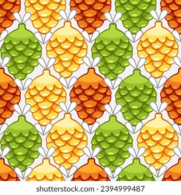 Patrón vectorial con juguetes de árbol de Navidad y conos de pino en un lindo estilo de dibujos animados.
