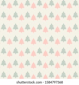 Vector pattern with Christmas trees and snow in light pastel colors, pink, off white and green. Suitable for wrapping paper, wallpaper, stationery, textile, fabrics and other design projects