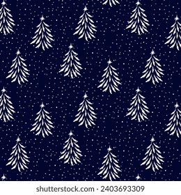 Vector pattern with Christmas trees.Seamless pattern with white fir trees and snow on a blue background.