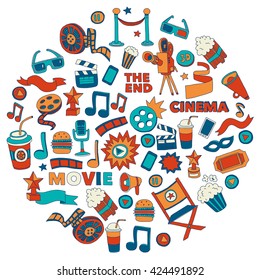 Vector pattern with cinema hand drawn icons Doodle style