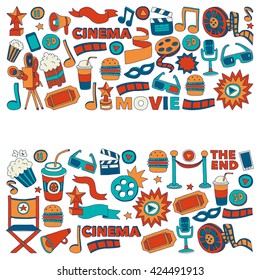 Vector pattern with cinema hand drawn icons Doodle style