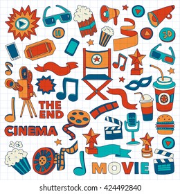 Vector pattern with cinema hand drawn icons Doodle style