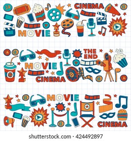 Vector pattern with cinema hand drawn icons Doodle style