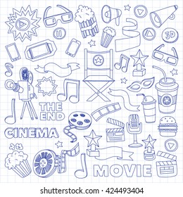 Vector pattern with cinema hand drawn icons Doodle style