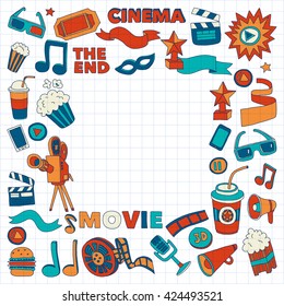 Vector pattern with cinema hand drawn icons Doodle style