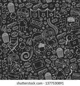 Vector pattern with cinema icons of movie theater, TV, popcorn, video clip.