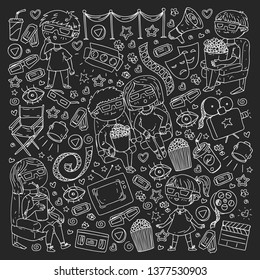 Vector pattern with cinema icons of movie theater, TV, popcorn, video clip.