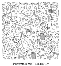 Vector pattern with cinema icons of movie theater, TV, popcorn, video clip. Kindergarten and school children watching movies.