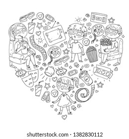 Vector pattern with cinema icons of movie theater, TV, popcorn, video clip. Kindergarten and school children watching movies.