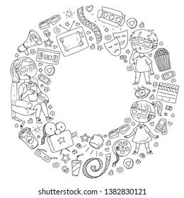 Vector pattern with cinema icons of movie theater, TV, popcorn, video clip. Kindergarten and school children watching movies.