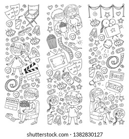 Vector pattern with cinema icons of movie theater, TV, popcorn, video clip. Kindergarten and school children watching movies.