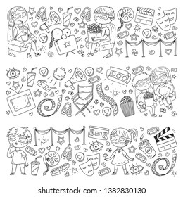 Vector pattern with cinema icons of movie theater, TV, popcorn, video clip. Kindergarten and school children watching movies.