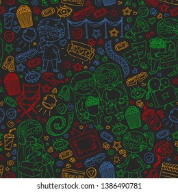 Vector pattern with cinema icons of movie theater, TV, popcorn, video clip.