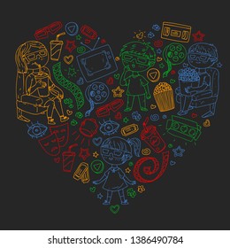 Vector pattern with cinema icons of movie theater, TV, popcorn, video clip.