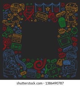 Vector pattern with cinema icons of movie theater, TV, popcorn, video clip.