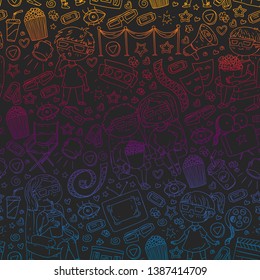 Vector pattern with cinema icons of movie theater, TV, popcorn, video clip.