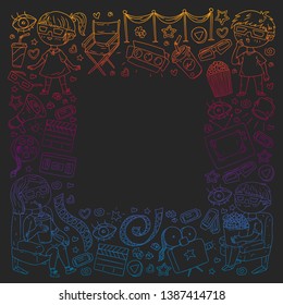 Vector pattern with cinema icons of movie theater, TV, popcorn, video clip.
