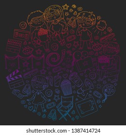 Vector pattern with cinema icons of movie theater, TV, popcorn, video clip.