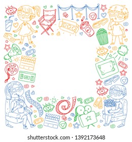 Vector pattern with cinema icons of movie theater, TV, popcorn, video clip. Kindergarten and school children watching movies.