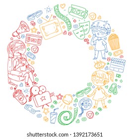Vector pattern with cinema icons of movie theater, TV, popcorn, video clip. Kindergarten and school children watching movies.