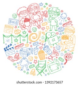 Vector pattern with cinema icons of movie theater, TV, popcorn, video clip. Kindergarten and school children watching movies.