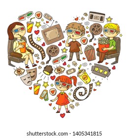 Vector pattern with cinema icons of movie theater, TV, popcorn, video clip. Kindergarten and school children watching movies.
