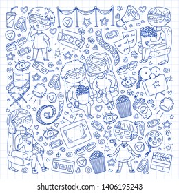 Vector pattern with cinema icons of movie theater, TV, popcorn, video clip.