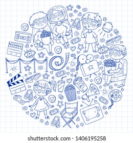 Vector pattern with cinema icons of movie theater, TV, popcorn, video clip.