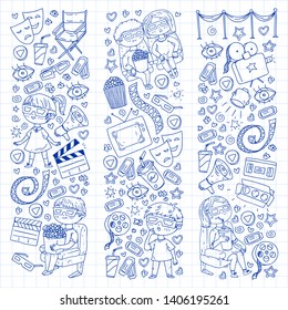 Vector pattern with cinema icons of movie theater, TV, popcorn, video clip.