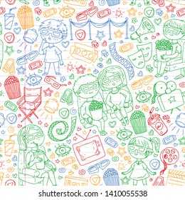 Vector pattern with cinema icons of movie theater, TV, popcorn, video clip. Kindergarten and school children watching movies.