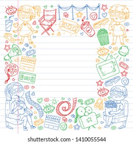Vector pattern with cinema icons of movie theater, TV, popcorn, video clip. Kindergarten and school children watching movies.