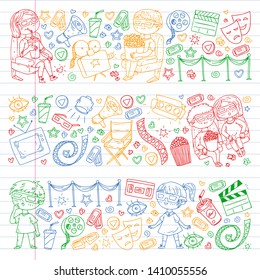 Vector pattern with cinema icons of movie theater, TV, popcorn, video clip. Kindergarten and school children watching movies.