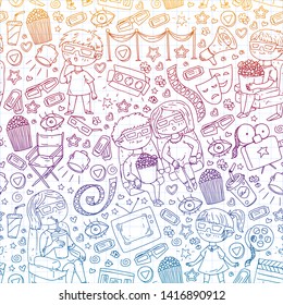 Vector pattern with cinema icons of movie theater, TV, popcorn, video clip.