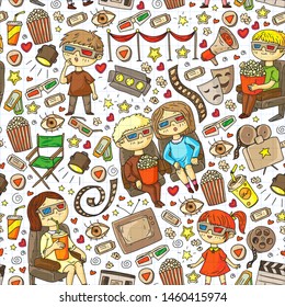 Vector pattern with cinema icons of movie theater, TV, popcorn, video clip.
