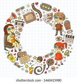 Vector pattern with cinema icons of movie theater, TV, popcorn, video clip.