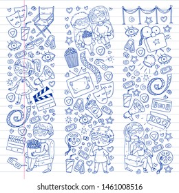 Vector pattern with cinema icons of movie theater, TV, popcorn, video clip.