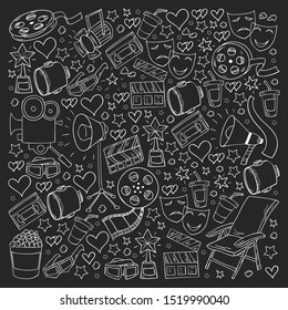 Vector pattern with cinema icons. Movie Theater, TV, popcorn, video clips, musical
